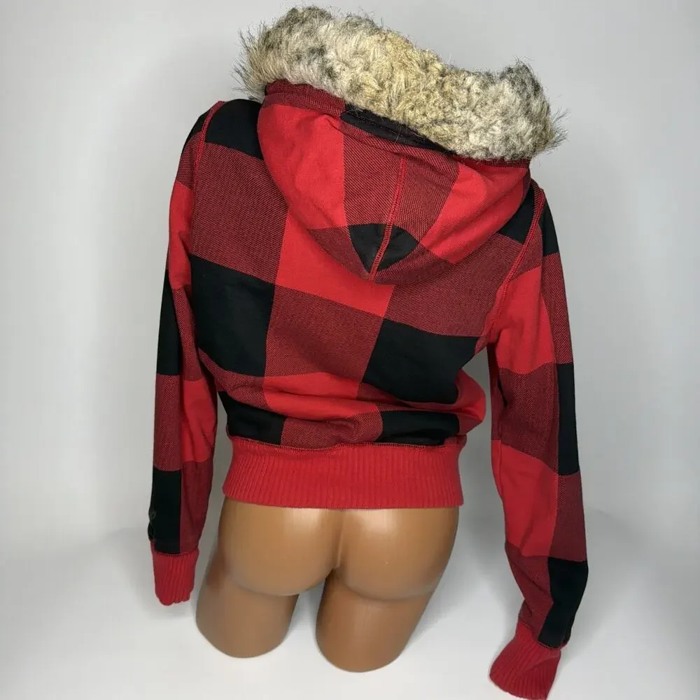 American Eagle Y2K Fur Fleece Lined Zip Up Hoodie Red Plaid Grunge Punk Size L - Picture 2 of 11